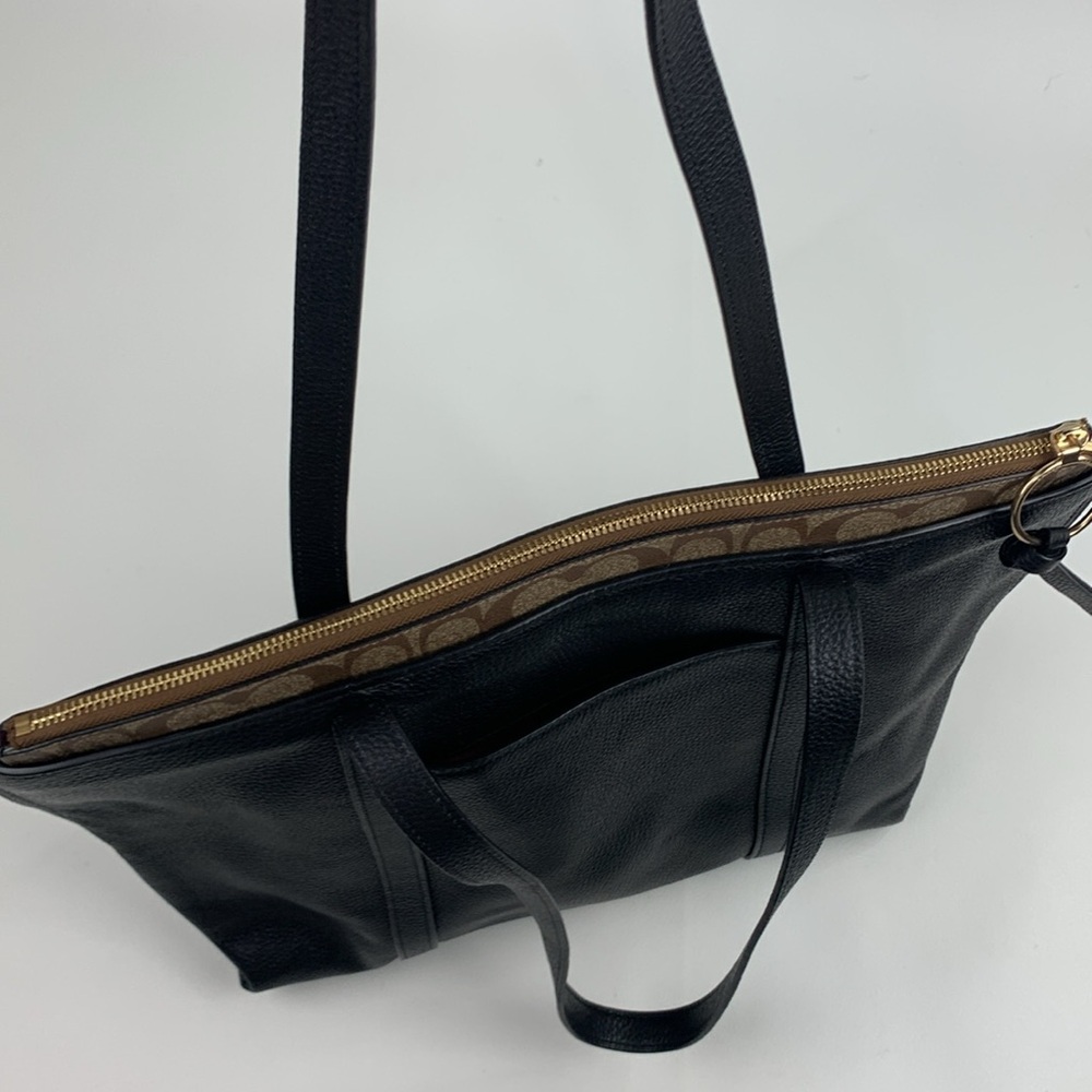 Coach Black Brown Pebbled Leather Signature C Tote shoulder bag Gold charm New - Picture 8 of 17